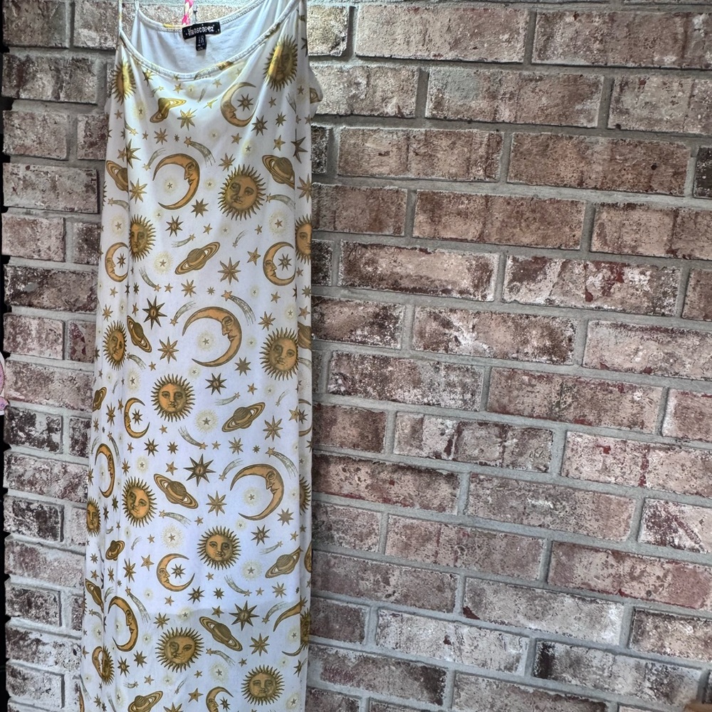 Black Swan White Maxi Dress with Gold Celestial Print